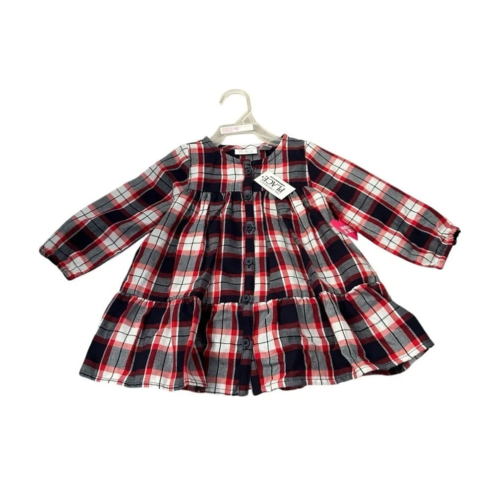 The Children’s Place Baby Girl Holiday Plaid Button Ruffle Dress Size 12-18